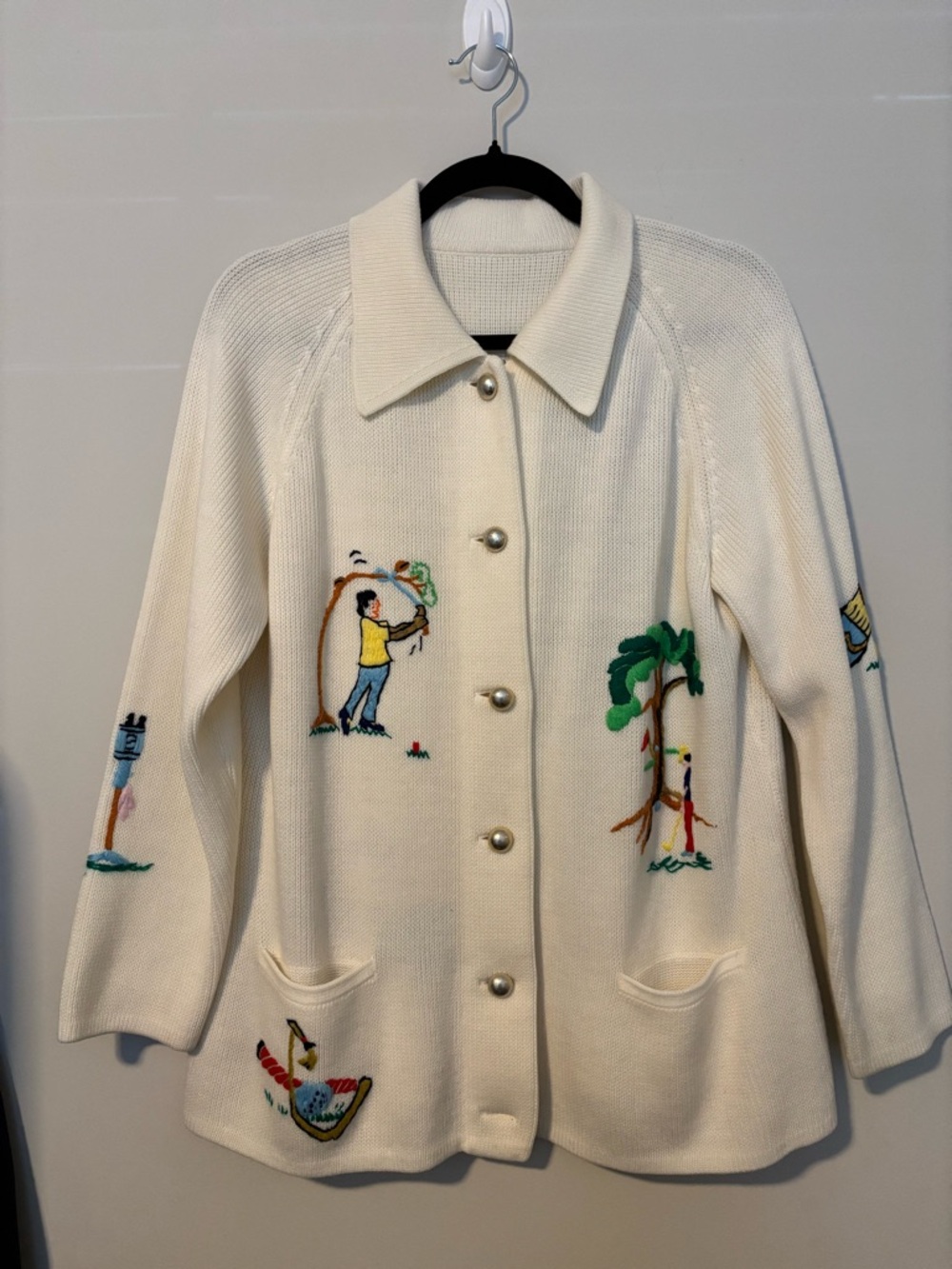 Hand Knitted Cream Embroidered Button-Front Golf Cardigan